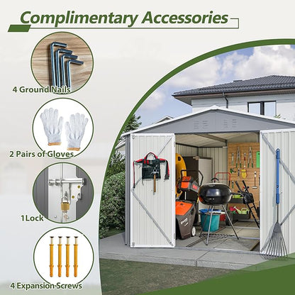 10×10 FT Outdoor Storage Shed,Metal Aluminum Waterproof Tool Sheds with Foundation,Doors & Vents,Heavy-Duty Sheds Unit W/Lock & Key,for Storing Bicycles,Lawnmowers,Barbeques,Gray