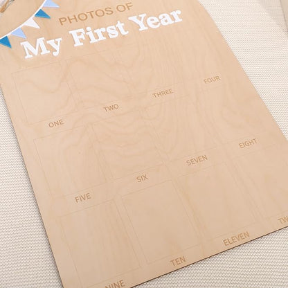 Photos of My First Year Wood Board - Newborn 1 to 12 Months Photo Display,1st Birthday Growth Photos Record Sign,Monthly Milestone Photo Board,Rustic Keepsake Nursery Decorations