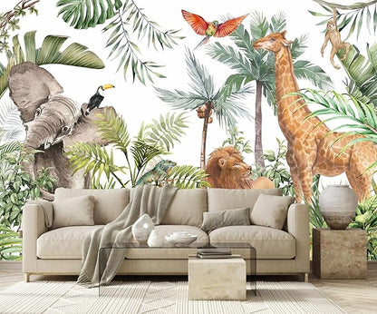 Kids Safari Giraffe Wallpaper Tropical Palm Tree Jungle Forest Plants and Animals Wall Mural for Nursery Living Room Bedroom Dining Room Basement(Not Self-Adhesive)