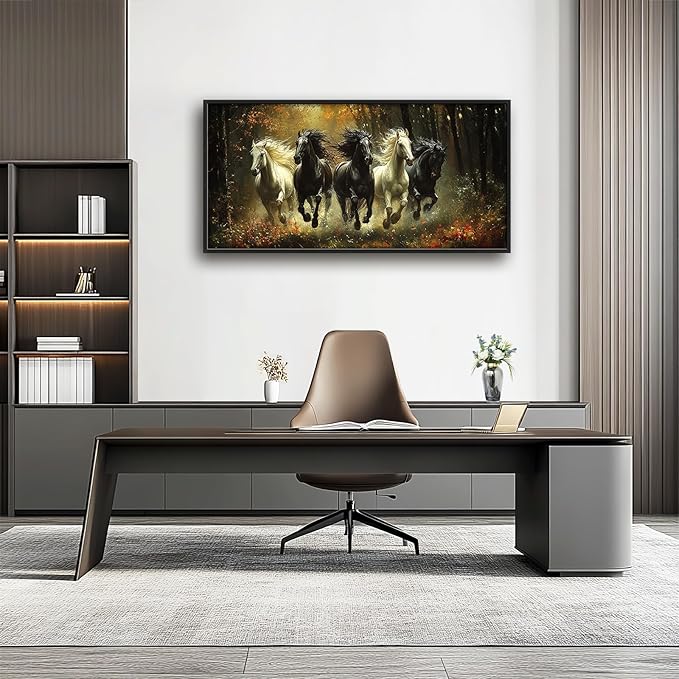 Olivine Horse Wall Art, Running Horses Pictures Wall Decor, Black And White Horse Paintings, Forest Landscape Canvas Prints, Framed Artwork for Bathroom Bedroom Living Room Office Home 60"x30"