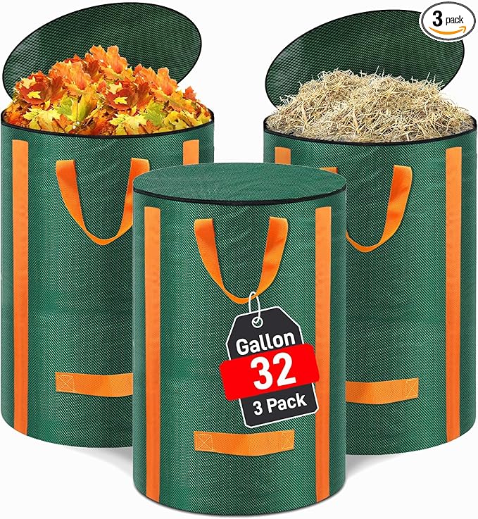 Reusable Yard Waste Bags 3 Packs 32 Gallon Standable Garden Bags for Leaves with Reinforced Carry Handles Heavy Duty Collapsible Yard Waste Containers for Leaves, Lawn Debris & Grass Clippings