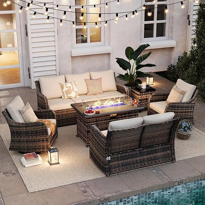 MEISSALIVVE 6 Pieces Patio Furniture Set with 43" Fire Pit Table, Wicker Patio Conversation Set with Swivel Rocking Chairs, Outdoor Patio Set for Lawn Backyard Porch (Brown)