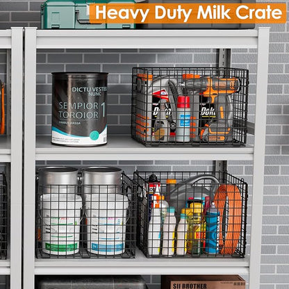 3-Pack Metal Milk Crate for Storage, Large 40qt Stackable Collapsible Storage Bins with Handle, Heavy Duty Storage Baskets for Shelves, Folding Basket Organizer for Car, Garage, Home, Camping, Office