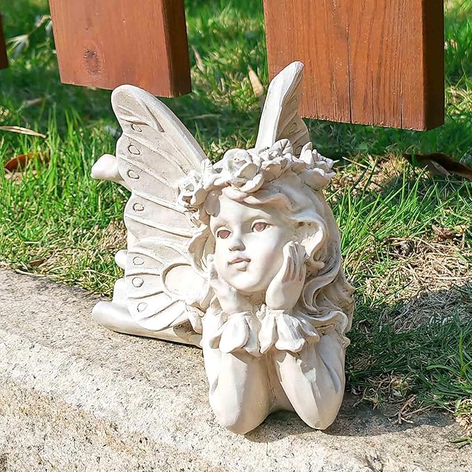 Lying Fairy Garden Statue – Resin Outdoor Fairy Figurine for Yard or Patio, Garden Angel Decor for Outside, Whimsical Fairy Ornament 9.84” L