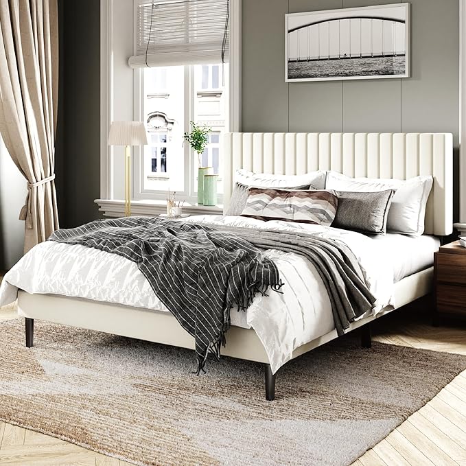 Full Size Bed Frame with Velvet Upholstered Headboard, Platform Bed with Strong Wood Slats, Mattress Foundation, Box Spring Optional, Easy Assembly, Beige