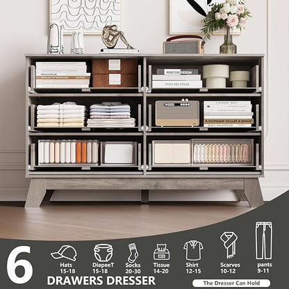6 Drawer Dresser for Bedroom, Fluted Dressers Chest of Drawers with Gold Handle, Mid Century Modern Dresser for Closet, Wood Closet Storage Organizer Furniture for Bedroom, Living Room, Hallway, Grey