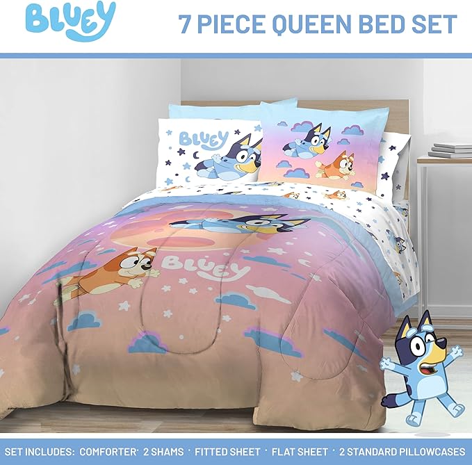 Jay Franco Bluey & Bingo Queen Comforter Set - 7 Piece Bedding Includes Sheet Set & Pillow Covers - Super Clouds & Stars Cozy Bedding