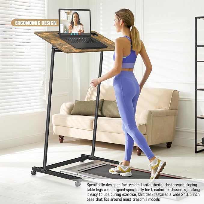 Treadmill Desk, Mobile Small Standing Desk with Wheels for Walking Pad, Portable Table for Laptop, Rolling Table Adjustable Height, Bedside Table