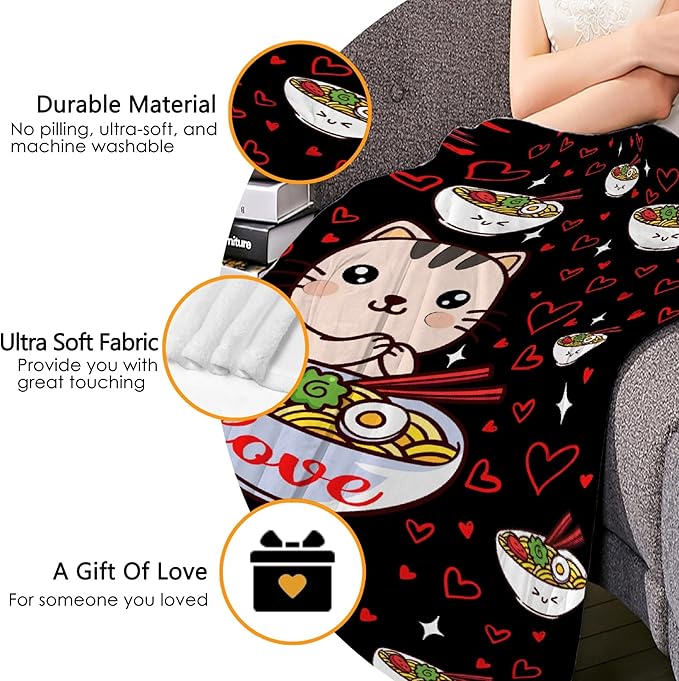 Thuswarm Kawaii Ramen Cat Red Heart Love Flannel Throw Blanket Warm Cozy Soft Funny Print Blankets for Bed Couch Sofa Room Decoration Gifts 50"×40" Small for Kid