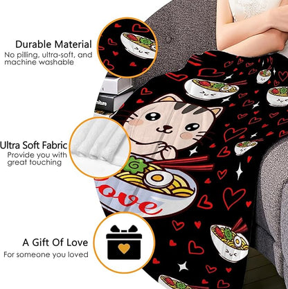Thuswarm Kawaii Ramen Cat Red Heart Love Flannel Throw Blanket Warm Cozy Soft Funny Print Blankets for Bed Couch Sofa Room Decoration Gifts 50"×40" Small for Kid