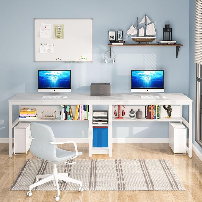 Tribesigns Two Person Desk with Bookshelf, 78.7 Computer Office Double Desk for Two Person, Rustic Writing Desk Workstation with Shelf for Home Office (White)