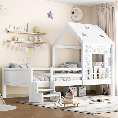 Bellemave Twin House Bed with Rails or guardrails and Bookcase, Wooden Twin House Shape Platform Bed for Boys, Girls, Teens, White