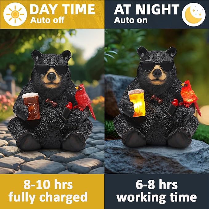 Solar Black Bear Statue for Garden with Beer and Cardinals 6.3" Resin Garden Statues for Outside Yard Paito Porch Decor Birthday Gardening Gifts for Women Mother Sister Grandmother Wife
