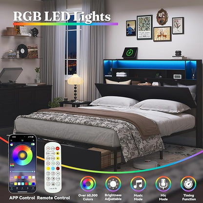 Queen Bed Frame with Large Headboard Storage, Bed Frames with 2 Under Bed Drawers, Built-in LED Lights Charging Station, Easy Assembly, Black