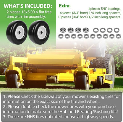 AR-PRO (2 Pack) 13 x 5.00-6" Flat Free Tire and Wheel, Replacement Solid Lawn Mower Tires with Rim, 3" Centered Hub and 3/4" Extra 5/8" Bearings - Fit for Most Riding Mower, Garden Lawn Tractor