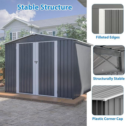 6x8 FT Outdoor Storage Shed, Metal Garden Shed with Frame Floor, Outside Tool Shed with Lockable Hinged Doors, Waterproof Storage Building with Sloped Roof for Backyard, Patio, Lawn, Gray