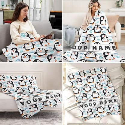 Personalized Penguin Blanket Gifts for Girls Women - 50" x 60" Inches Penguin Throw Blanket - White Soft Warm Throws for Couch, Bed & Travel