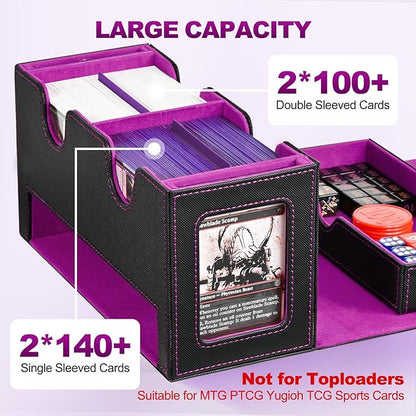 Card Deck Box for MTG, Double Card Storage Box with 2 Commander Display & 1 Dice Tray, Fits 200+ Double Sleeved Cards, Organizer for CCG TCG Sports Cards (Black Purple)