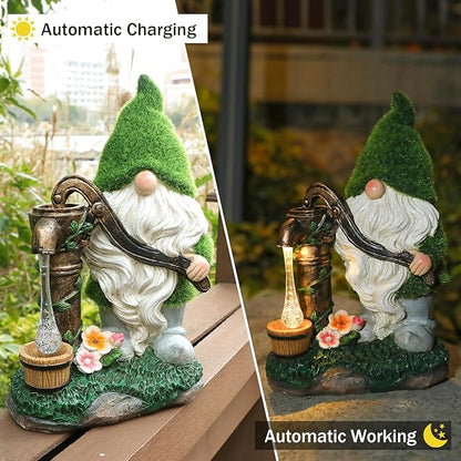 Garden Gnome Statue, Resin Pressurized Well with Water Gnome Figurine with Solar Lights for Porch Patio Yard Outdoor Decor