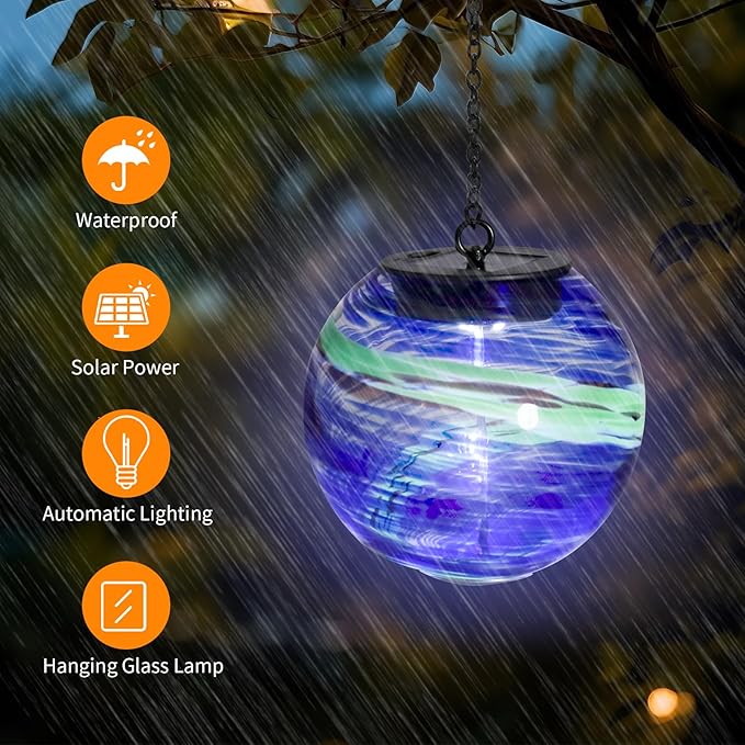 VCUTEKA Solar Chandelier Outdoor, Hanging Glass Solar Light with Hook Up, Garden Lanterns Decor for Yard, Tree and Patio, Blue Green