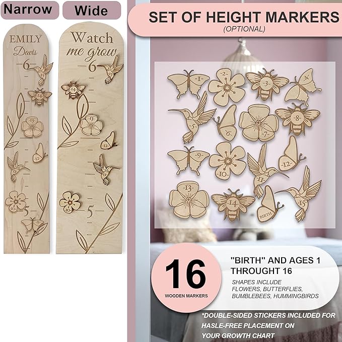 Personalized Wooden Growth Chart for Wall - Custom Name Kids Measurement Growth Chart for Girls, Child Height Measuring Chart Wooden, Baby Height Chart Wall Ruler Wood Wildlife Butterfly, 2 Sizes