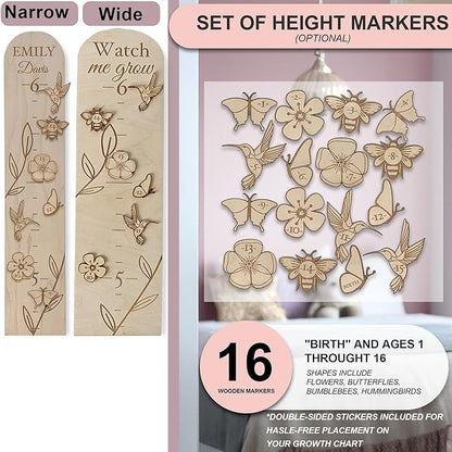 Personalized Wooden Growth Chart for Wall - Custom Name Kids Measurement Growth Chart for Girls, Child Height Measuring Chart Wooden, Baby Height Chart Wall Ruler Wood Wildlife Butterfly, 2 Sizes