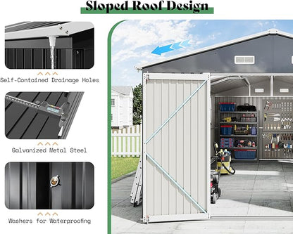 AMERLIFE 10x16x7.2 FT Metal Storage Shed with 2 Transparent Panels, Outdoor Tool Shed with Hinged Double Doors, Windows & Vents, Reinforced Steel Frame for Backyard Garden, DIY Workshop, Dark Gray