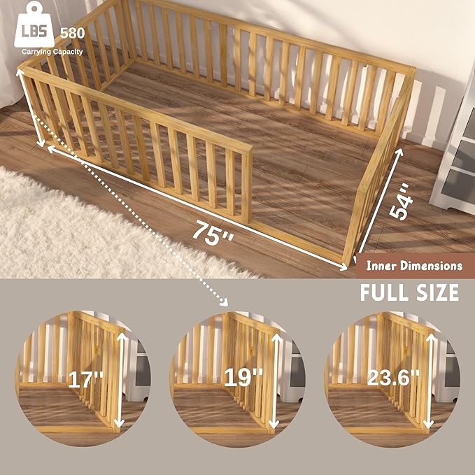Montessori Floor Bed for Kids | Toodlers Floor Bed with Safety Guardrails | Pine Wood Baby Bed | Sturdy Wood Frame Bed for Girls and Boys (Full, Height : 17 Inches)