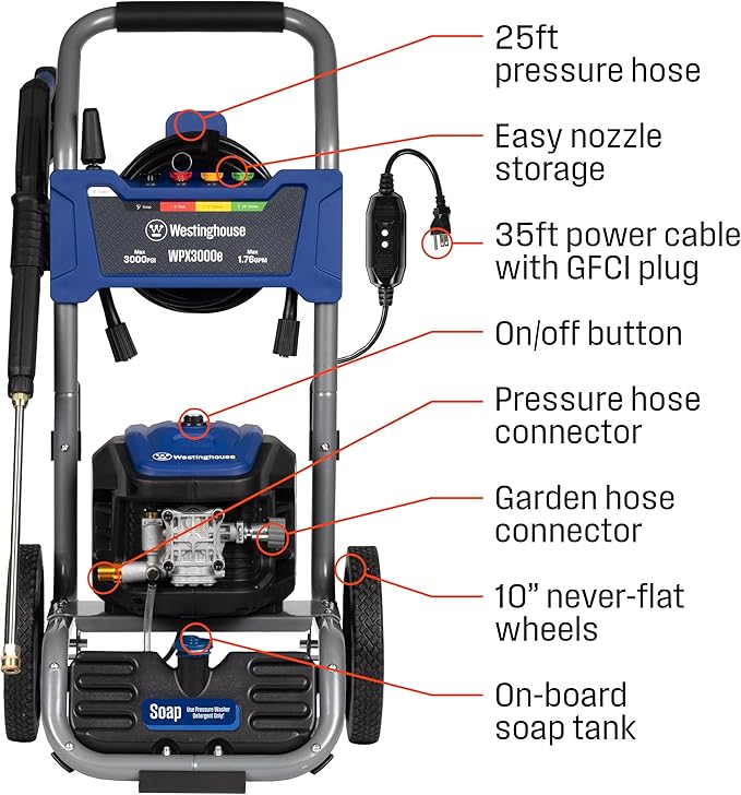 Westinghouse WPX3000e Electric Pressure Washer, 3000 Max PSI and 1.76 Max GPM, Induction Motor, Onboard Soap Tank, Spray Gun and Wand, 5 Nozzle Set, for Cars/Fences/Driveways/Homes/Patios/Furniture