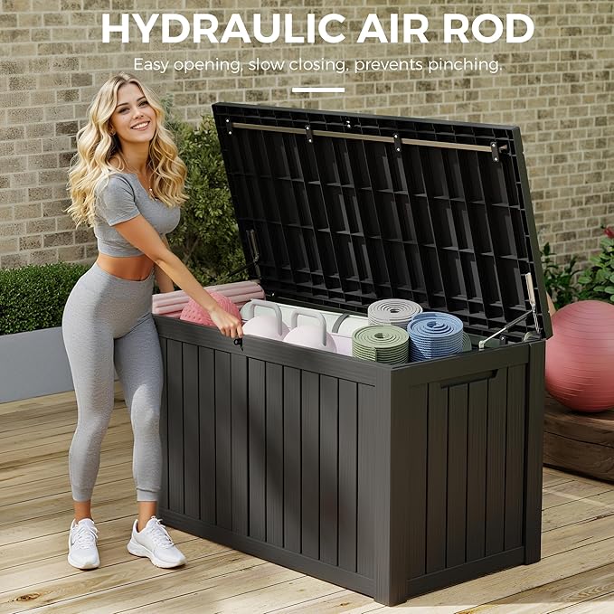 150 Gallon Resin Deck Box, Large Indoor and Outdoor Storage Box, Weatherproof and UV Resistant Outdoor Storage Box with Built-in Steel Beams for Patio, Cushions, Pool Supplies