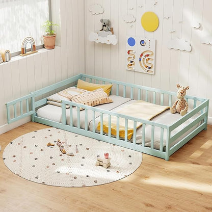 KOMFOTT Twin Size Wood Floor Bed with Door & Fence, Montessori Bed Frame with Full Length Safety Guardrails, Door & Latch, Wooden Montessori Floor Bed for Kids, Girls, Boys (Twin,Light Green)