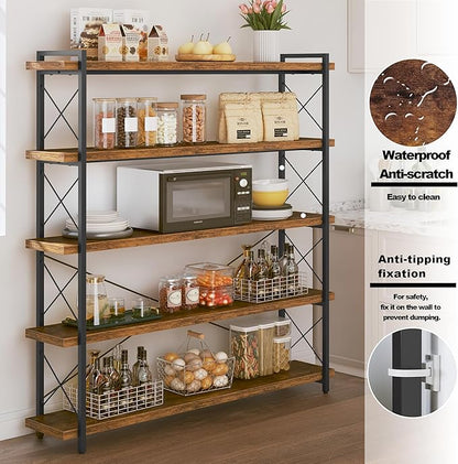 HCHQHS Large Bookshelf, 5-Tier Long Industrial Bookcase, Rustic Brown Book Shelf, Freestanding Horizontal Bookshelves with Metal Frame