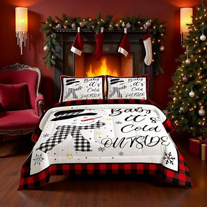 Kids Christmas Snowman Comforter Set Full Size,Snowflake Winter Bedding Set,Girls Boys Adults Xmas Decor,Geometric Grids Lattices Patch Down Comforter,Red Rustic Vintage Duvet Insert,2 Pillowcases