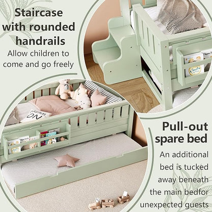 Bellemave Twin Bed with Trundle Twin and Stairs, Twin Size Platform Bed Frame with Fence and Bookshelf, Easy Assemble Beds for Kids, Girls, Boys, Green
