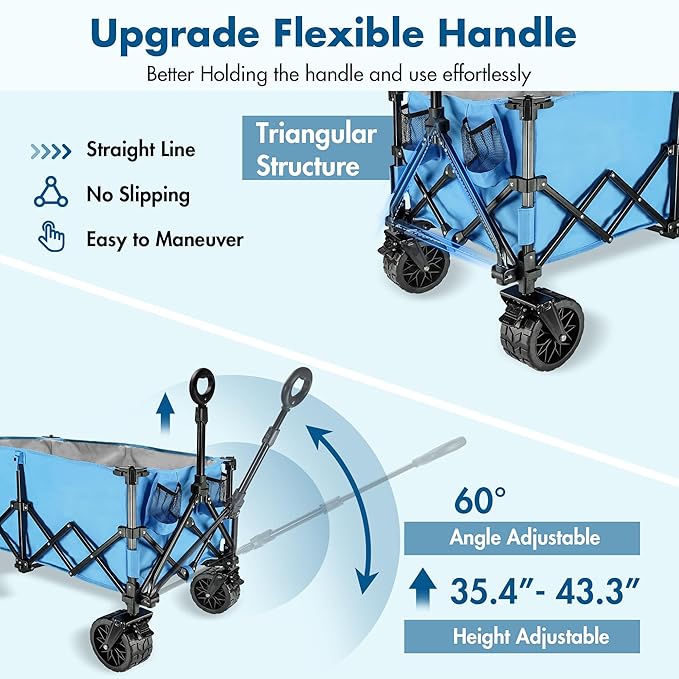 VILLEY Extended Collapsible Foldable Wagon with 330LBS Weight Capacity, 220L Heavy Duty Folding Utility Garden Cart with Big All-Terrain Beach Wheels with Brake & Drink Holders, Blue