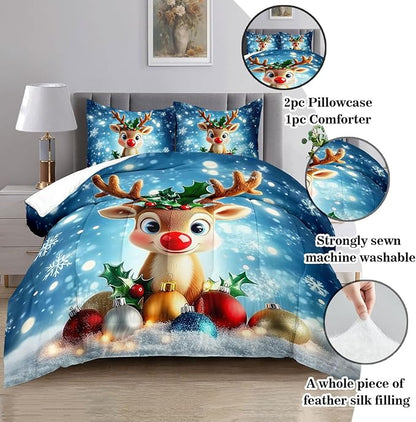 Raphus cucullatus Christmas Bedding Full,Reindeer Christmas Decor Comforter Set,Holiday Bedding Winter Quilt,Snowflake Navidad Comforter Set Full,Cute red Nose Reindeer Quilt