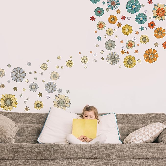 Boho Retro Flower Wall Decal - Retro Floral Decor Stickers,Peel and Stick Bohemian Style Flowers Decals for Kids Bedroom Nursery Playroom Living Room and Bedroom Wall Decorations