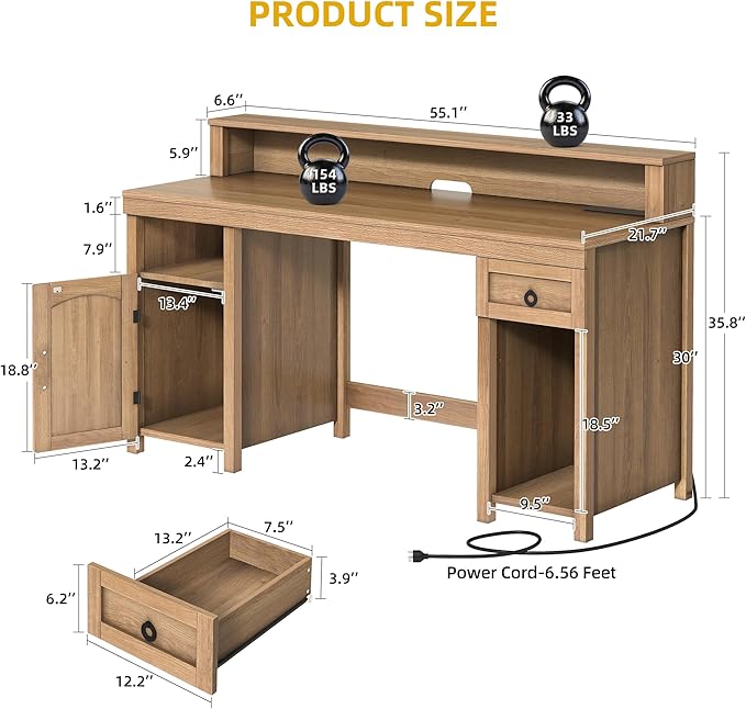 DWVO Farmhouse Office Desk with Drawer & Power Outlets, Rattan Computer Desk w/LED Strip & Monitor Stand for Bedchamber Study, Home Office Table w/Storage Cabinet for Working Writing Gaming (Oak)