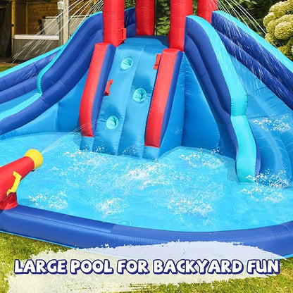 Action Air Water Slide, Inflatable Waterslide with Large Pool, Blue Bounce House with Double Slide and Climbing Wall