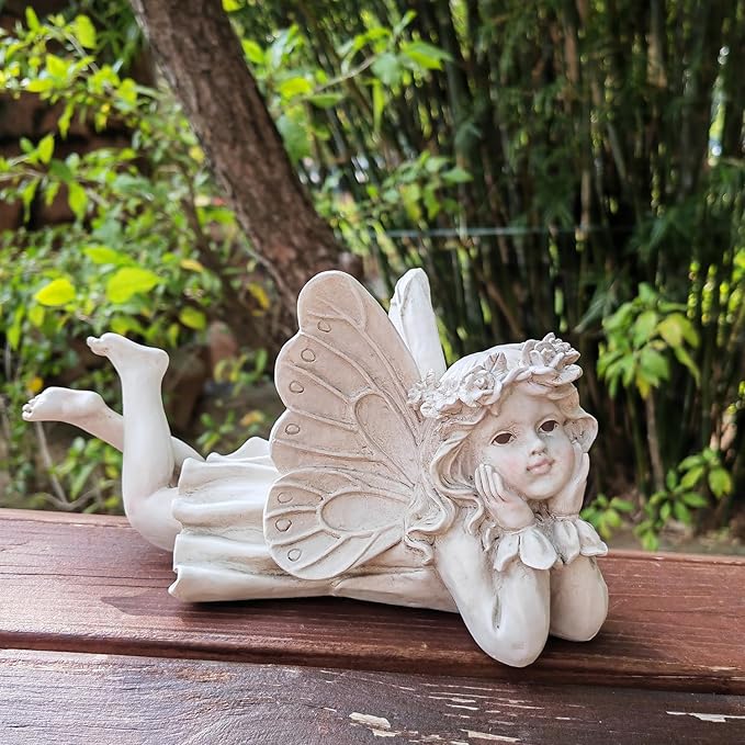 Lying Fairy Garden Statue – Resin Outdoor Fairy Figurine for Yard or Patio, Garden Angel Decor for Outside, Whimsical Fairy Ornament 9.84” L