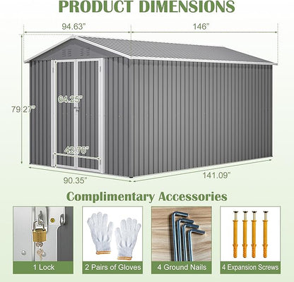 8x12 FT Shed Outdoor Storage Metal Large Garden Tool Sheds with Lockable Doors Floor Frame Gable Roof Waterproof Steel Utility Equipment Sheds for Backyard Patio Lawn Poolside, Grey