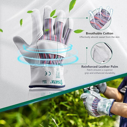 SATA Heavy Duty Halfleather Work Gloves, Doublelayer Cowhide, Cotton Lining, Leather Palm, Gardening, Yard Gloves