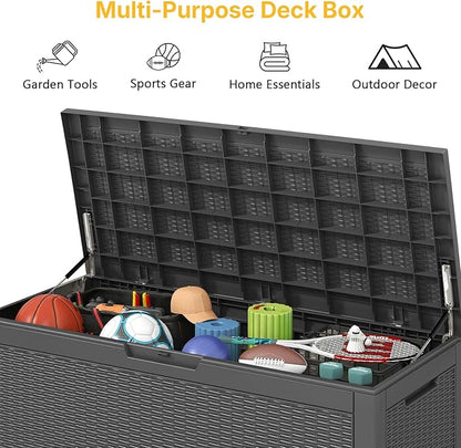 100 Gallon Deck Box Outdoor Waterproof, Rattan Outdoor Storage Box, Patio Storage Boxes for Cushions, Pillow, Garden Tools, Equipment