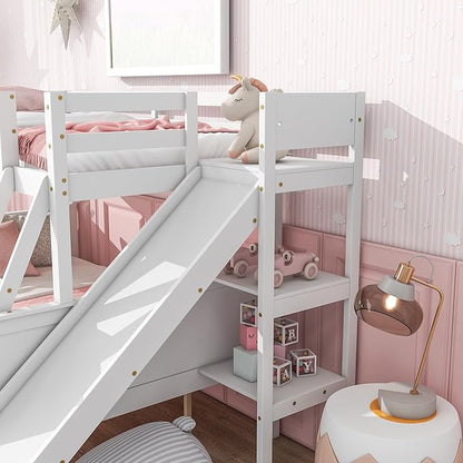 Twin Over Full Bunk Bed with 2 Drawers and Slide, Wood Bunk Bed Frame with Shelves and Ladder, Space Saving Design Bunk Bed for Kids Teens Boys Girls (White-x32c)