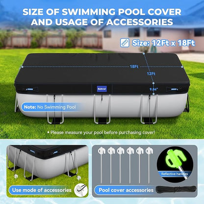 12x18 Ft Rectangular Pool Cover with Reflective Strips for Above Ground Pool, 420D Swimming Pool Cover for Rectangular or Oval Frame Pools, Solar Cover with Drawstring and Ground Nails