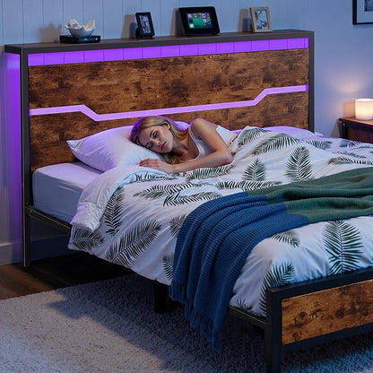 Full Size Bed Frame with LED Lights & Charging Station, Bed Frame Full with Headboard,13" Under Bed Storage, Noise-Free Heavy Duty Metal Support, Modern Brown