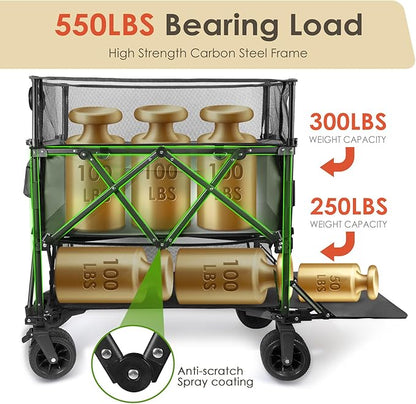 HOPERAN 550L XXL Wagons Carts Foldable, 54" Extra Length & Height Double Deck Collapsible Wagon Cart with Tailgate, 8" Big All-Terrain Wheels, 550lbs Load Utility Grocery Cart for Camping,Sports,Beach