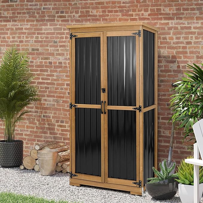 Outdoor Storage Cabinet with Shelves Outside Storage Shed Weather-Resistant with Waterproof Roof, Patio Pool Garden Garage Storage Cabinet Tool Organizer
