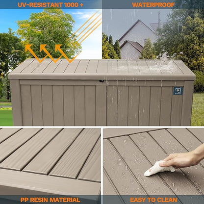 Outdoor Storage Box, 180 Gallon Deck Boxes Outdoor Waterproof, Resin Waterproof Deck Box for Patio Furniture Outdoor Cushions Garden Tools and Pool Storage (Light Brown,180 Gallon-)