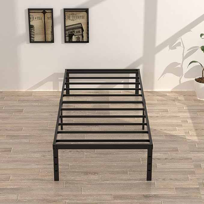18 Inch Twin Bed Frames No Box Spring Need, Metal Platform Bed Frame Twin Size with High Storage, Eassy Assembly 2,500 Lbs Heavy Duty Bedframes, Black
